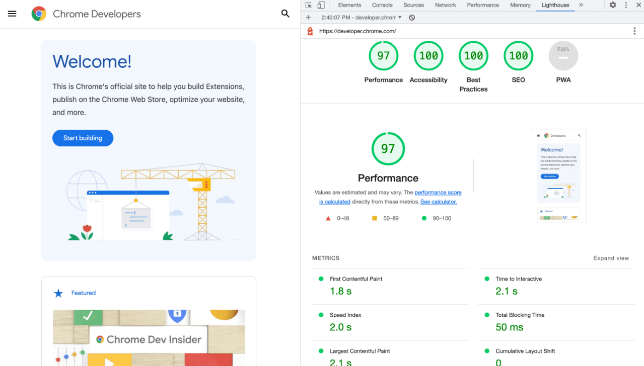 lighthouse chrome extension shows a webpage on one side and the performance metrics on the other side