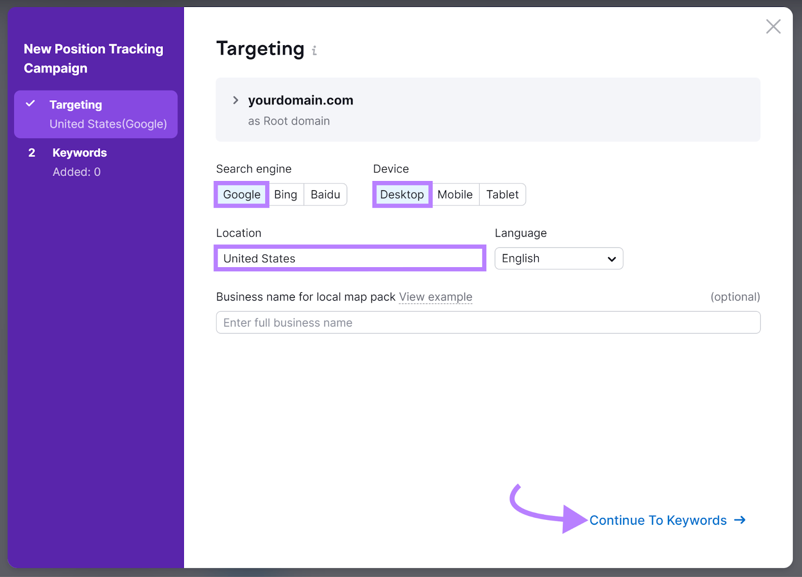 Targeting set up modal with Google, Desktop, and United States highlighted and arrow pointing to Continue To Keywords link