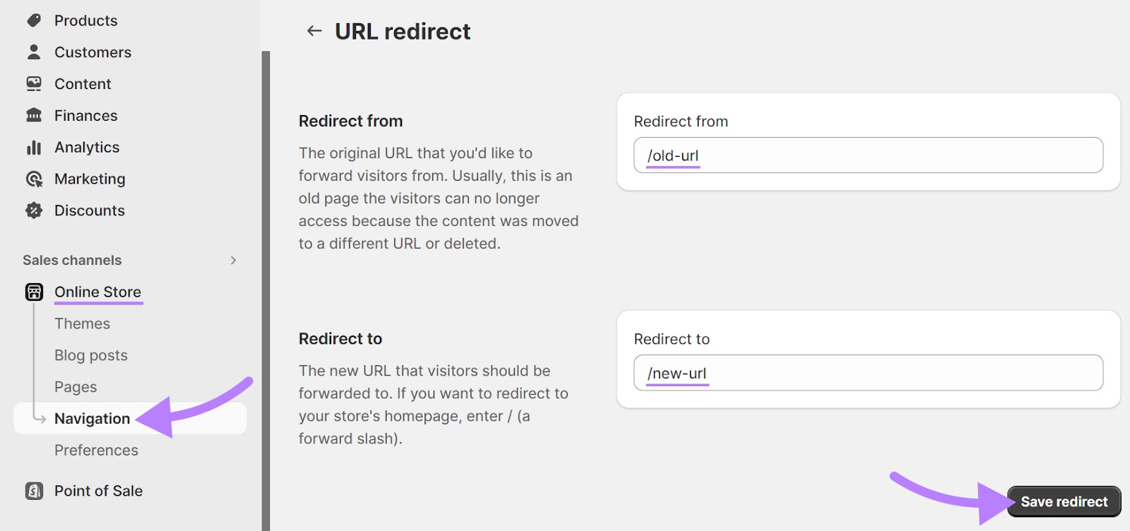 "URL redirect" window with an old URL redirected to a new URL