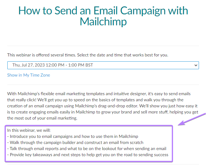 "How to Send an Email Campaign with Mailchimp" webinar page