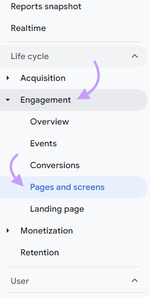 Navigating to “Pages and screens" in GA4 sidebar