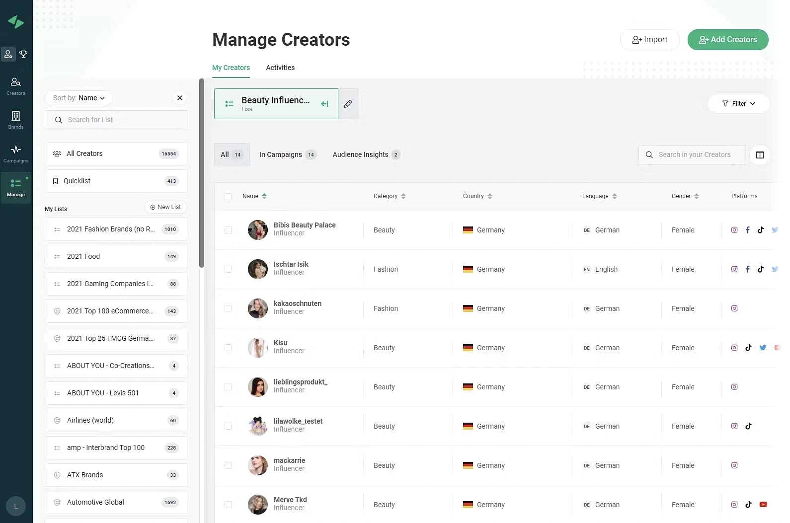 "Manage creators" dashboard in Storyclash