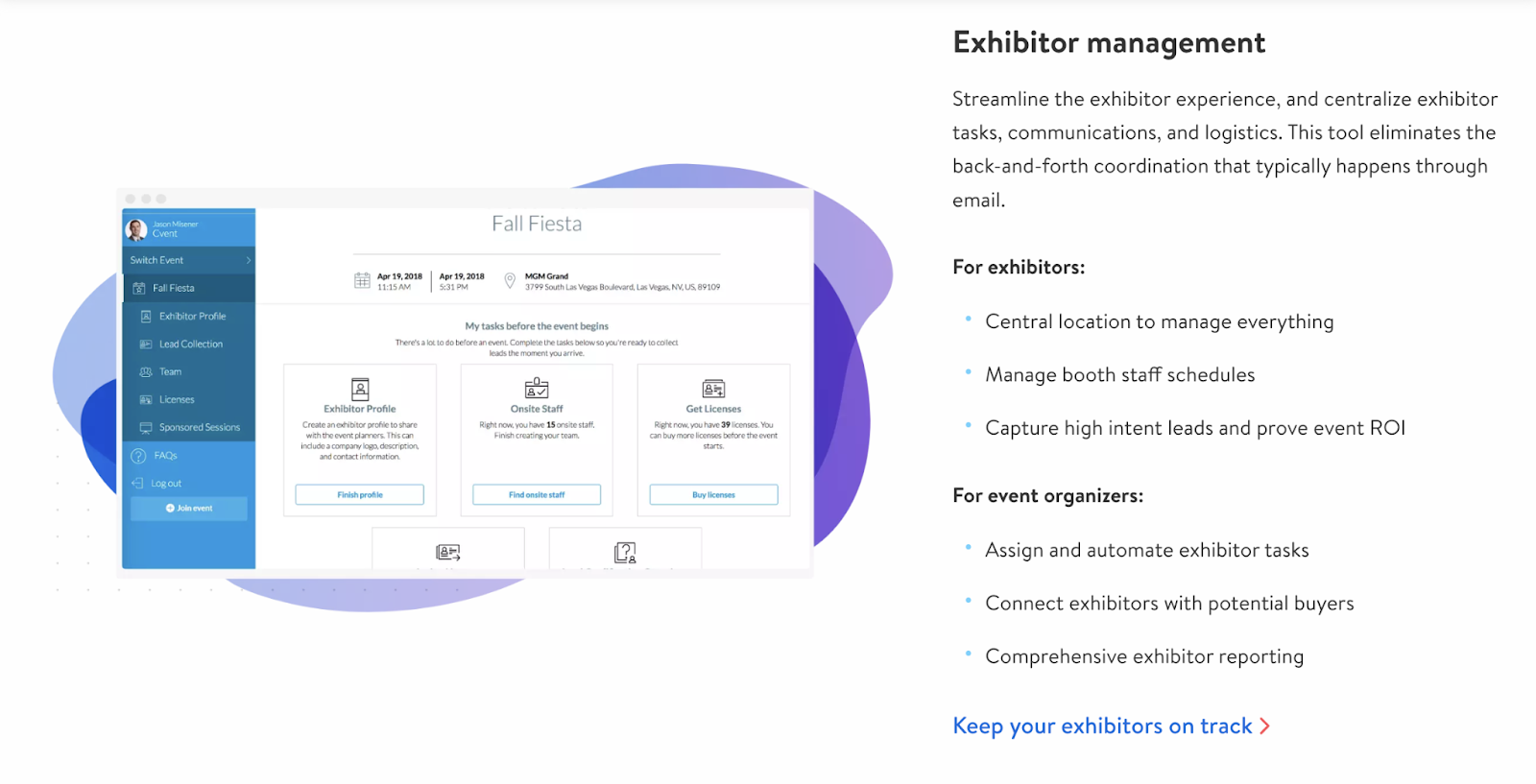 cvent homepage with exhibitor management interface