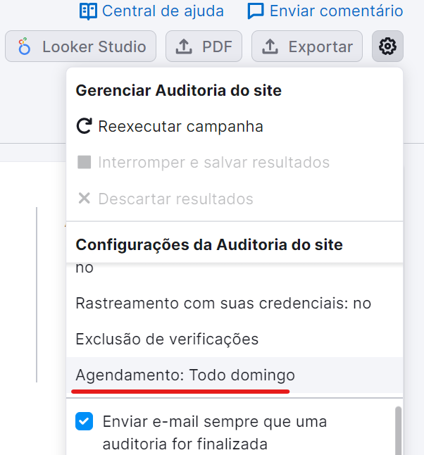 opção de agendamento da auditoria