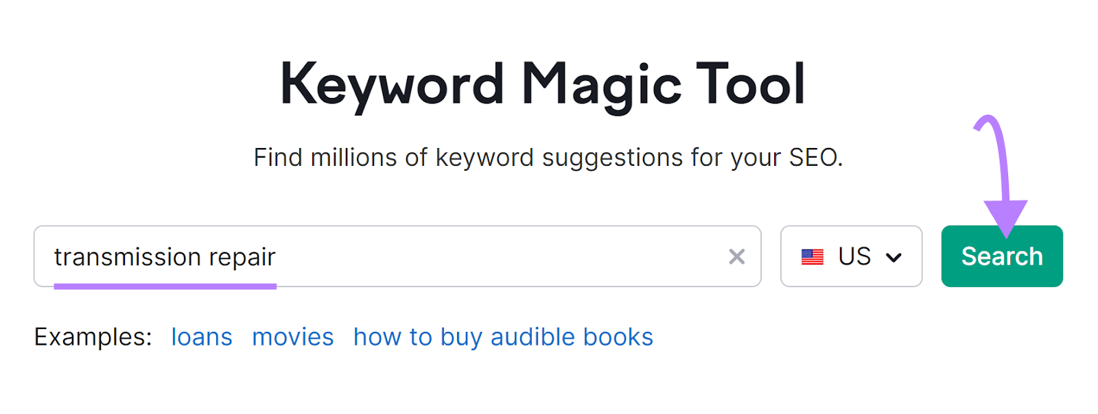 "transmission repair" entered into the Keyword Magic Tool search bar