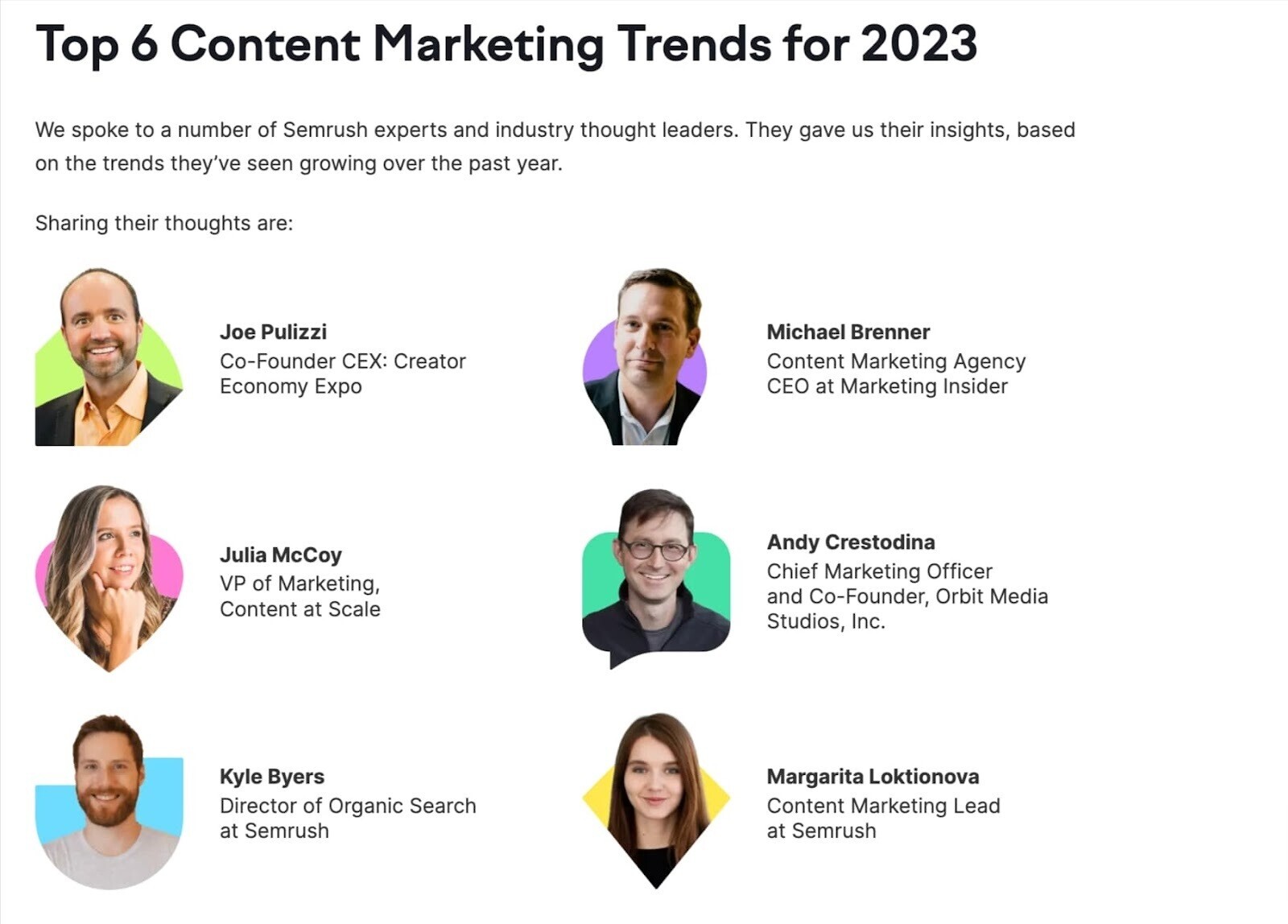 "Top 6 content marketing trends for 2023" section from State of Content Marketing report