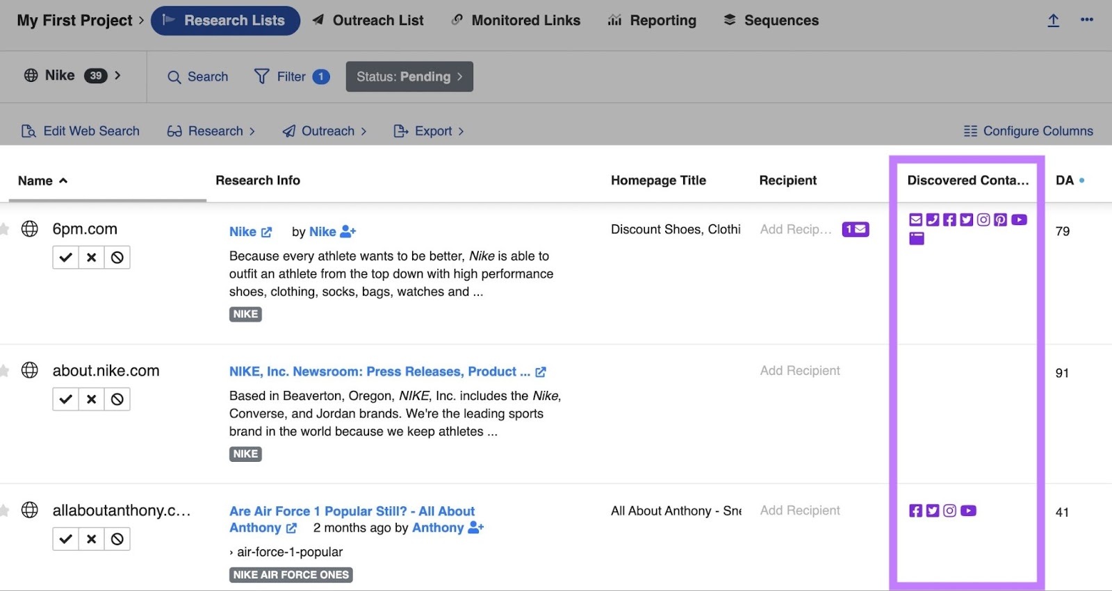 La section des contacts découverts de BuzzStream