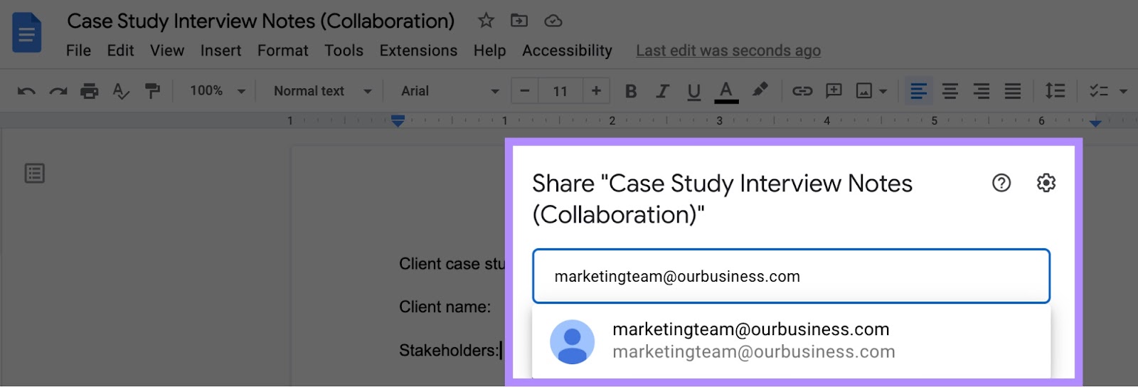 Sharing a Google Doc titled "Case Study Interview Notes"