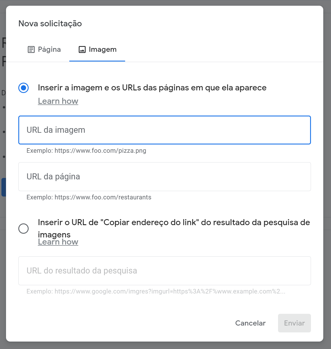 nova solicitação de remoção de imagem no google search console