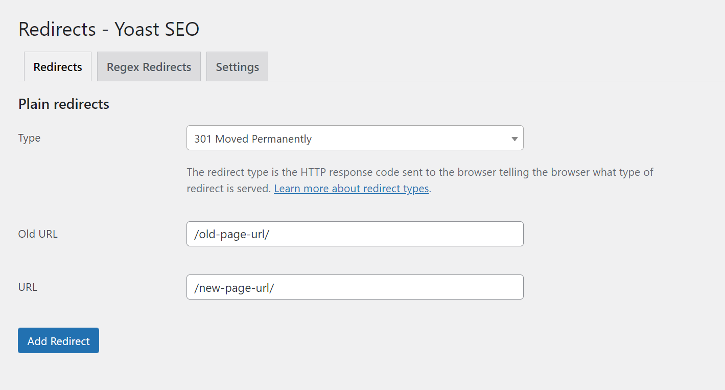 Redirects page in Yoast SEO