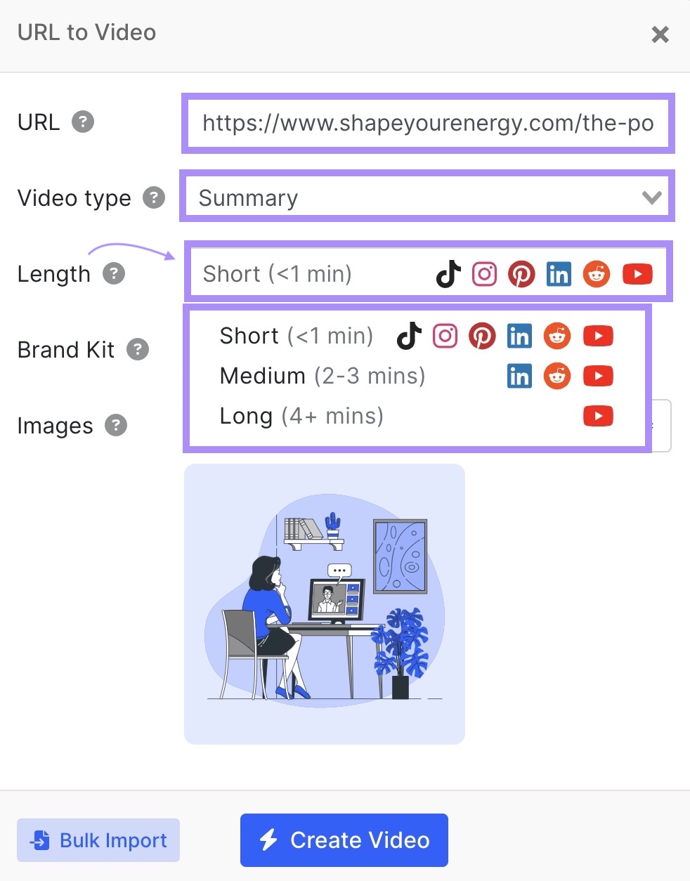 "URL to Video" pop-up window in AI Video Marketing Automator