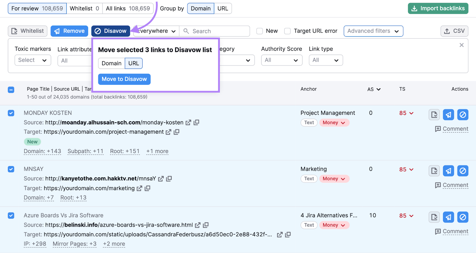 navigate to move a backlink to the disavow report