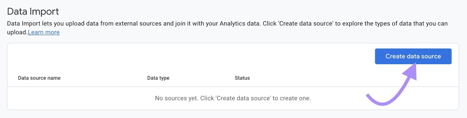“Create data source" button under "Data Import" window