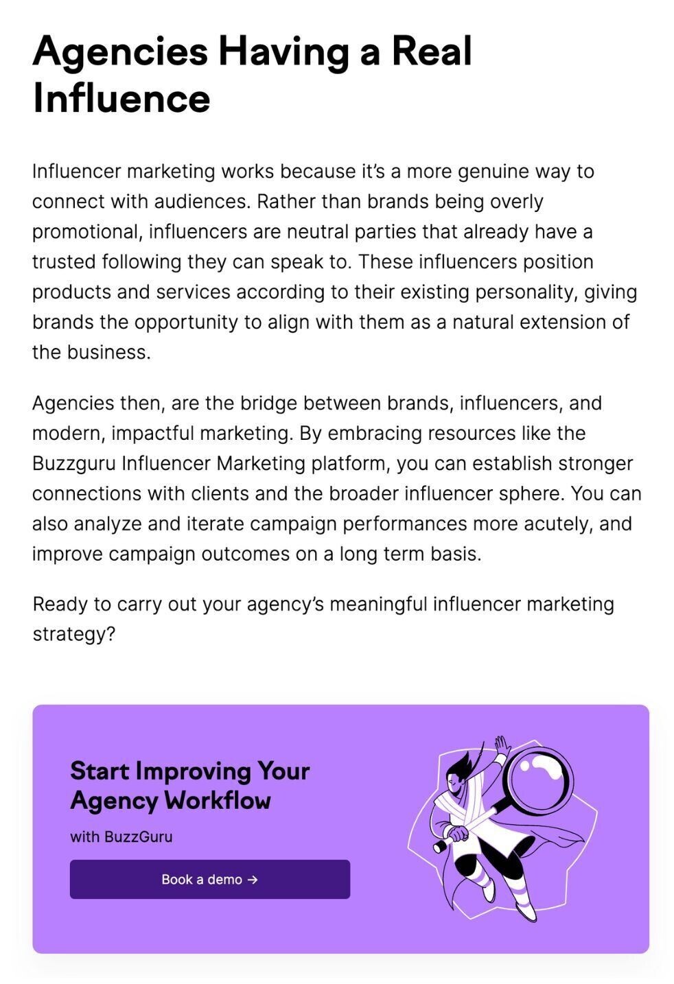 Article's conclusion "Agencies Having a Real Influence" includes a CTA for BuzzGuru tool