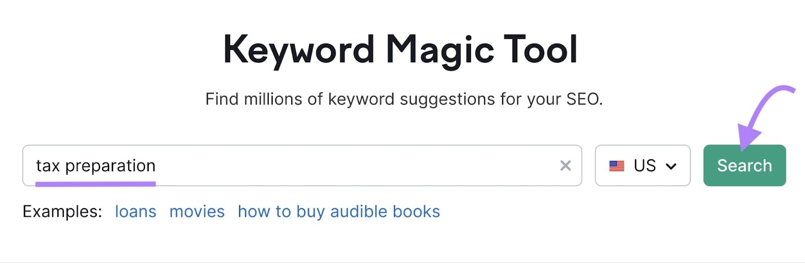 Searching 'tax preparation' using the Semrush Keyword Magic tool