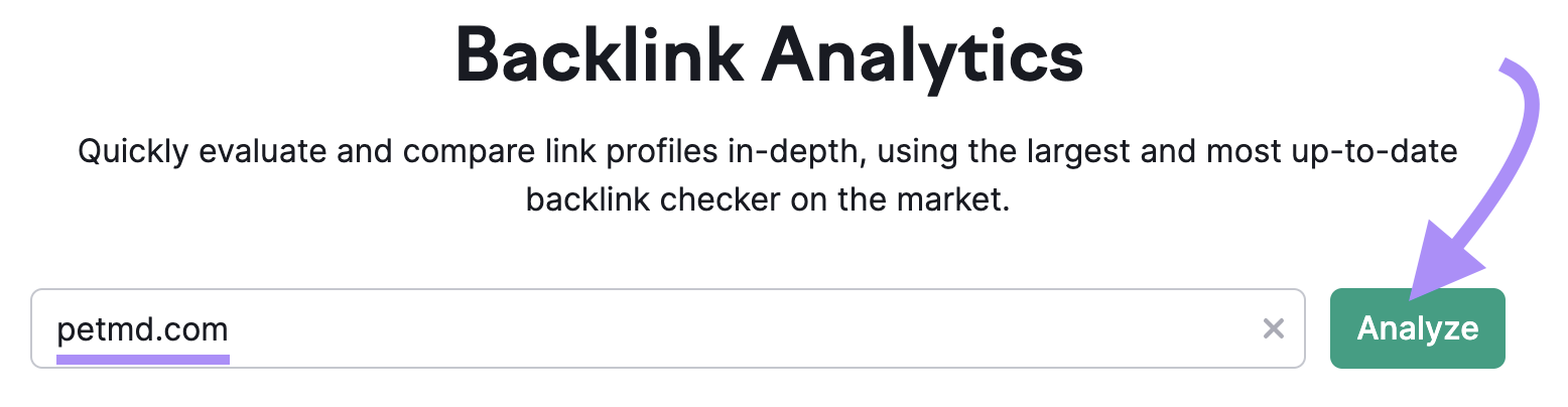 "petmd.com" entered into the Backlink Analytics search bar