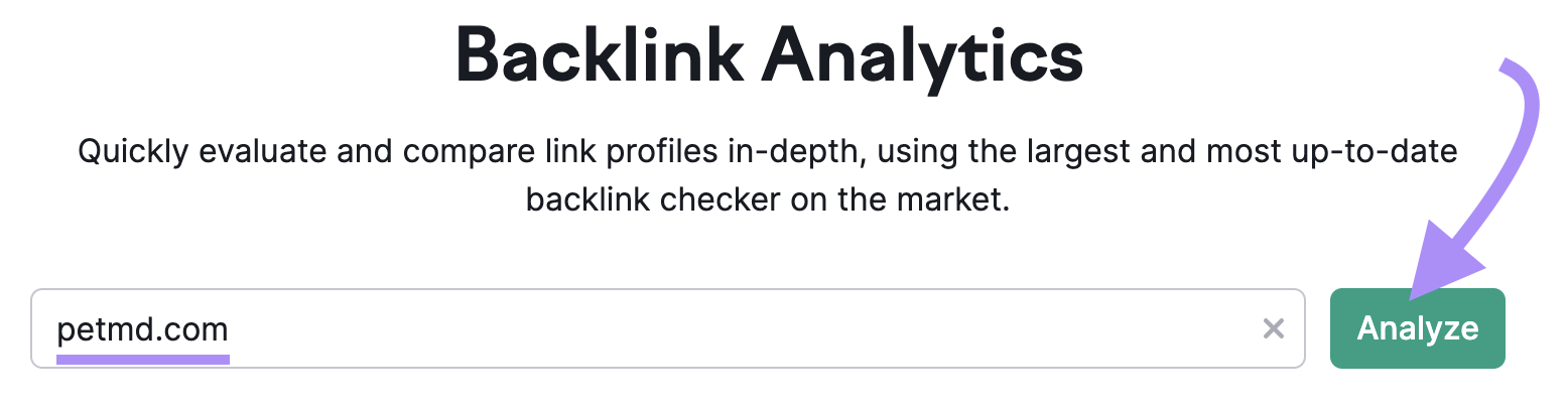 "petmd.com" entered into the Backlink Analytics hunt  bar