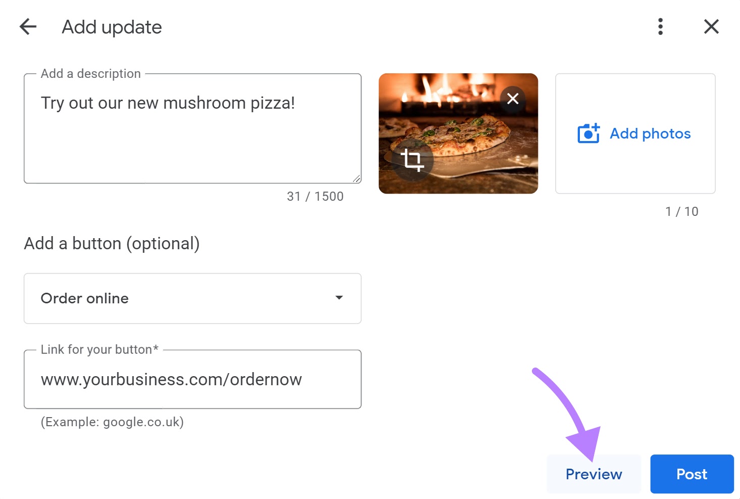 Preview your Google My Business update post