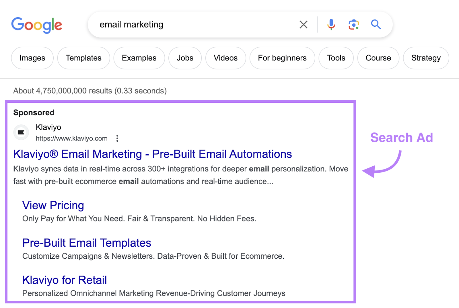Google search ad for "email marketing"