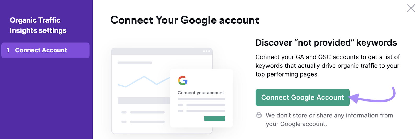 "Connect your Google account" window in Organic Traffic Insights settings