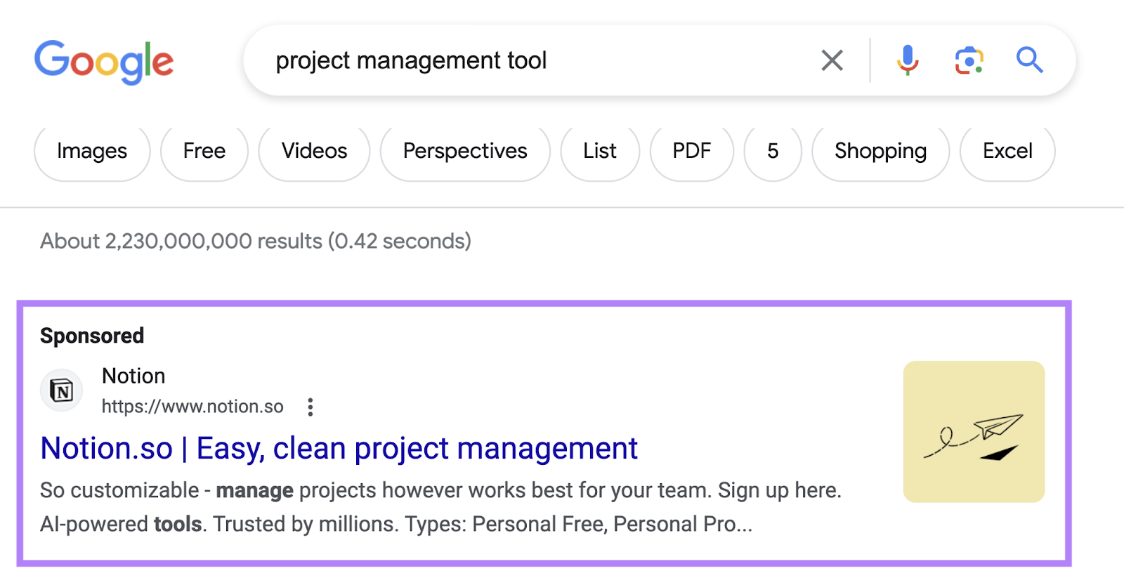 A search ad on Google's SERP for "project management tool" query