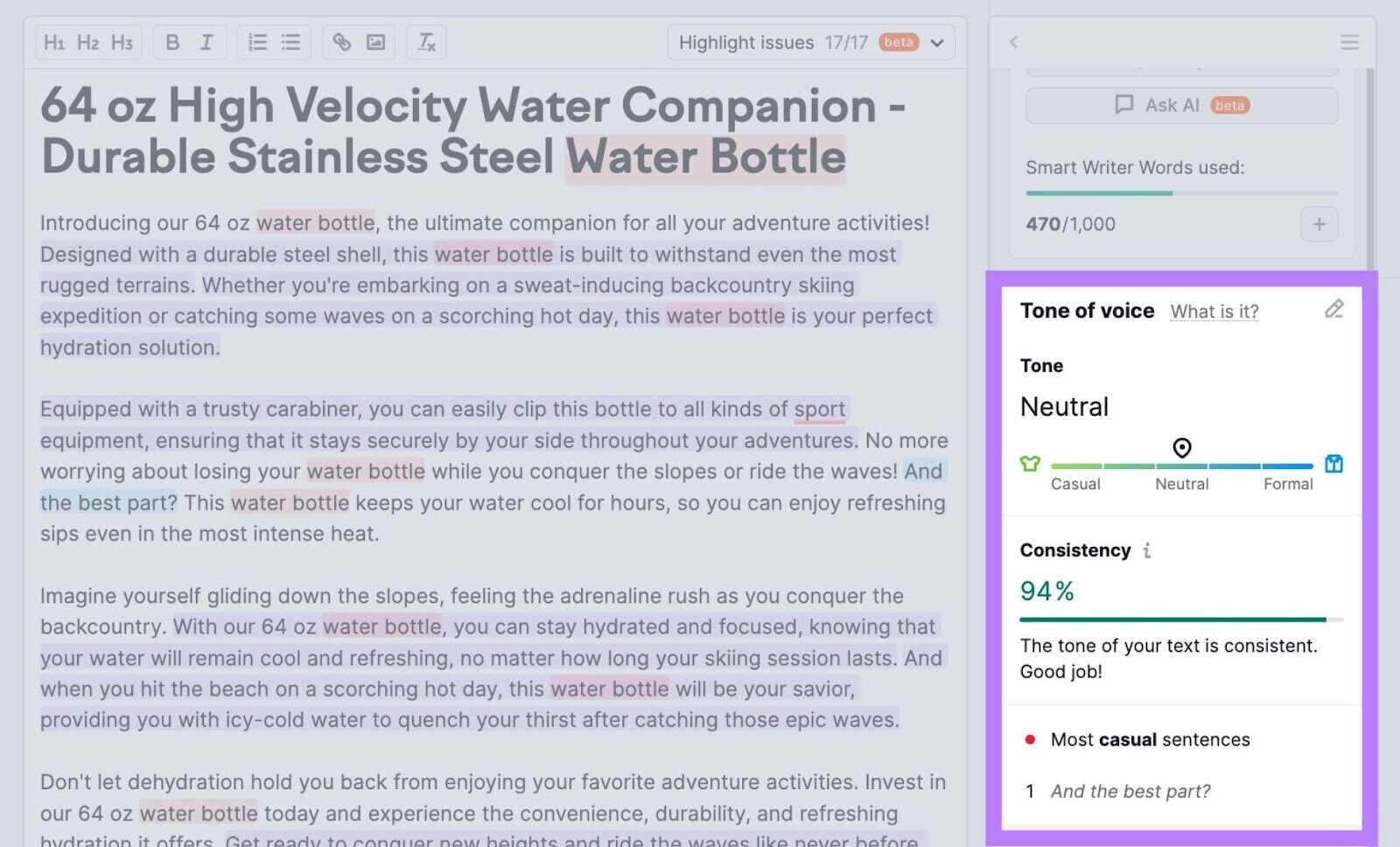 Semrush’s SEO Writing Assistant helps you adjust tone of voice