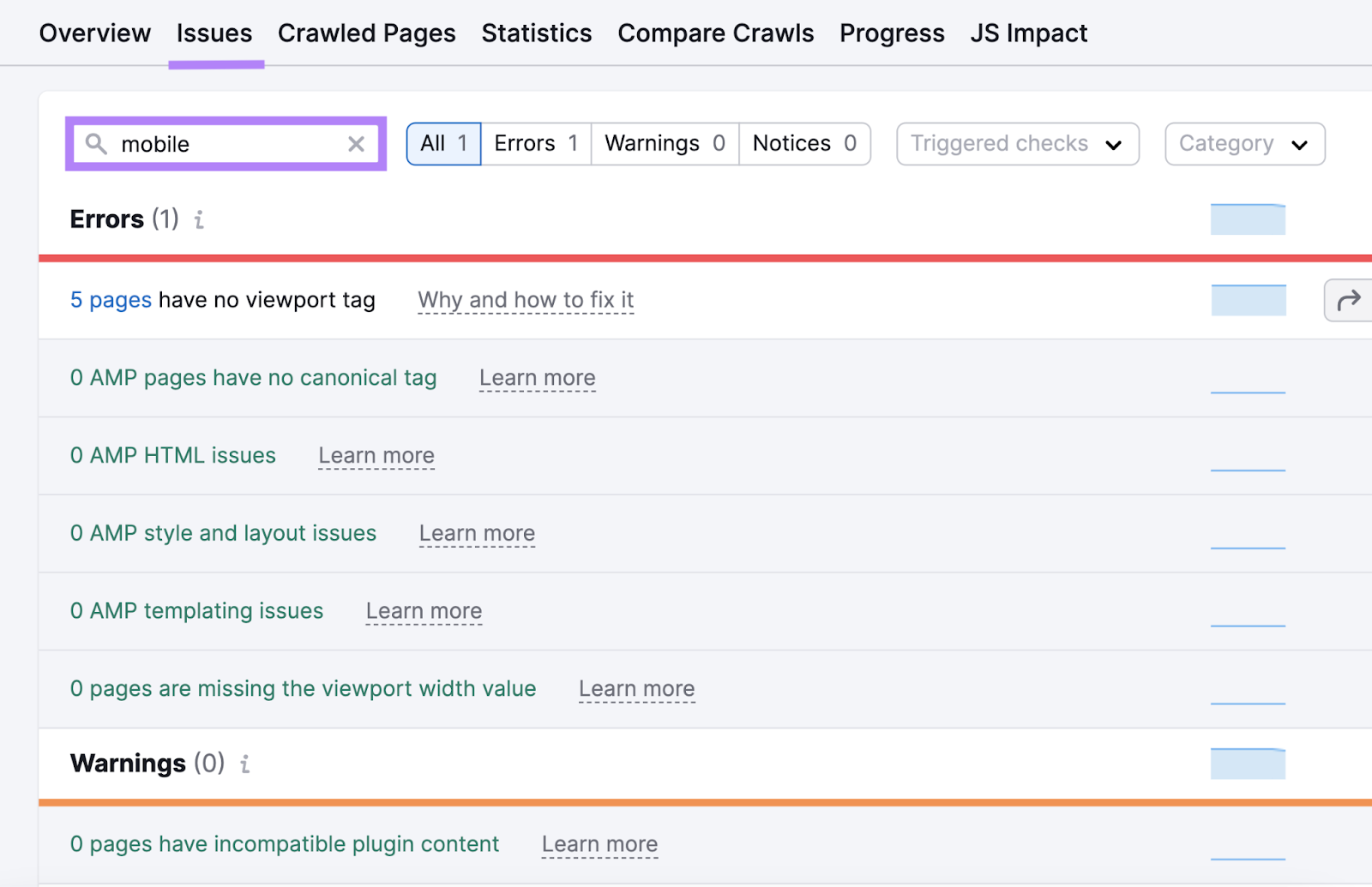 search for mobile issues in Site Audit reveals issues like pages without a viewport tag