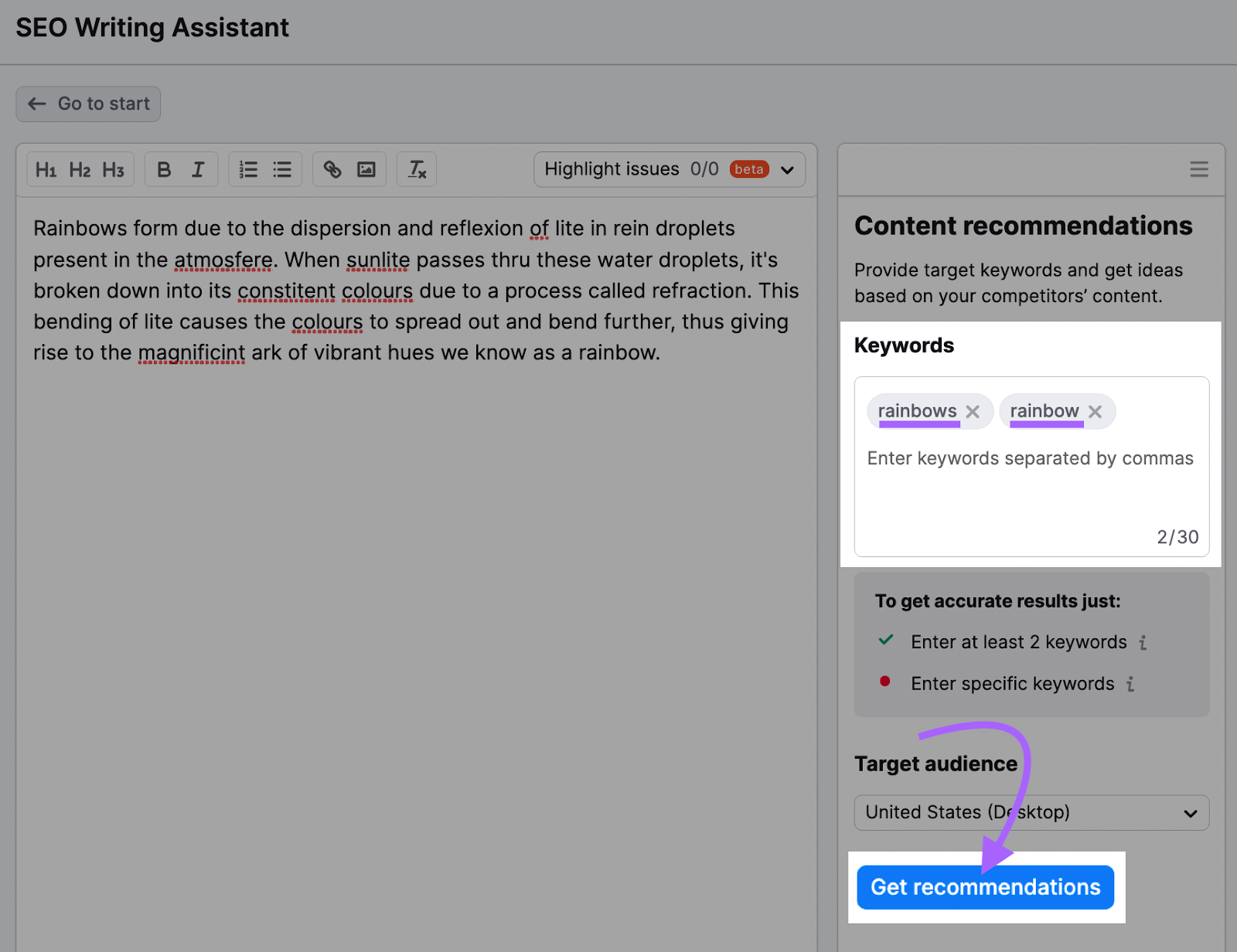 SEO Writing Assistant editor page with "Get recommendations" button highlighted