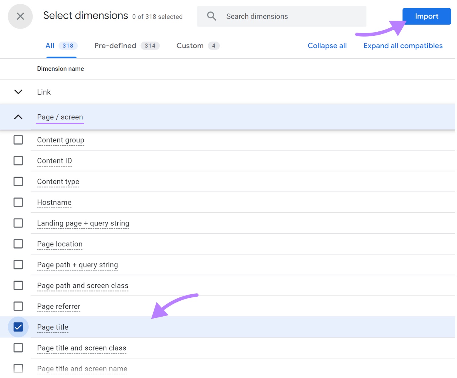 “Page title” and "import" fastener  selected nether  "Select dimension" window