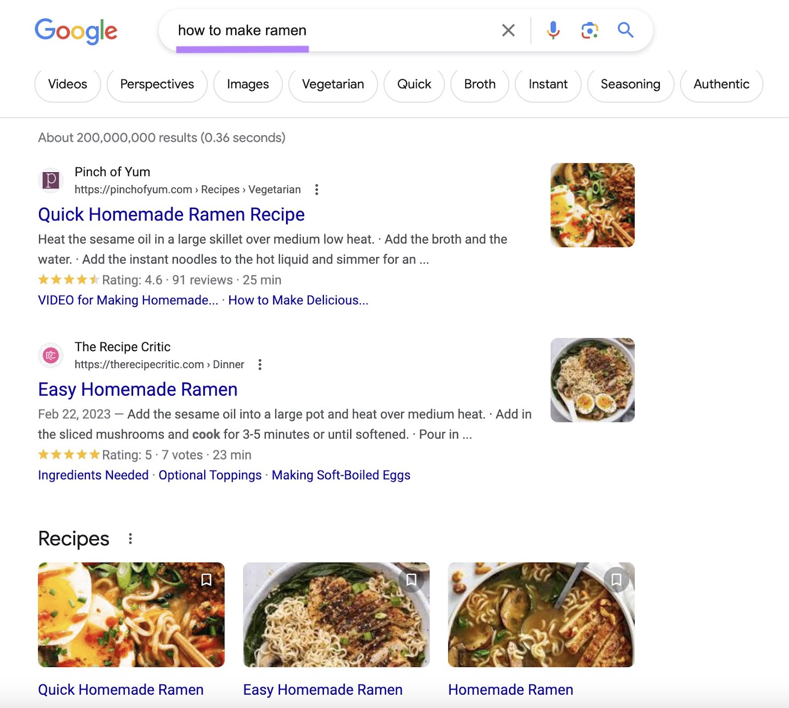 Google's SERP for "how to make ramen" query