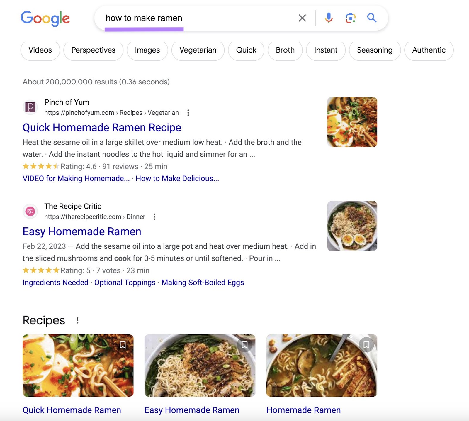 Google's SERP for "how to marque   ramen" query