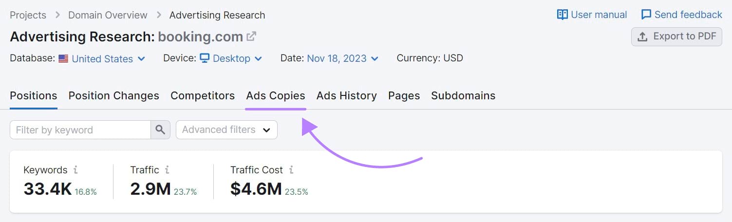 "Ads Copies" highlighted in the Advertising Research tool's menu