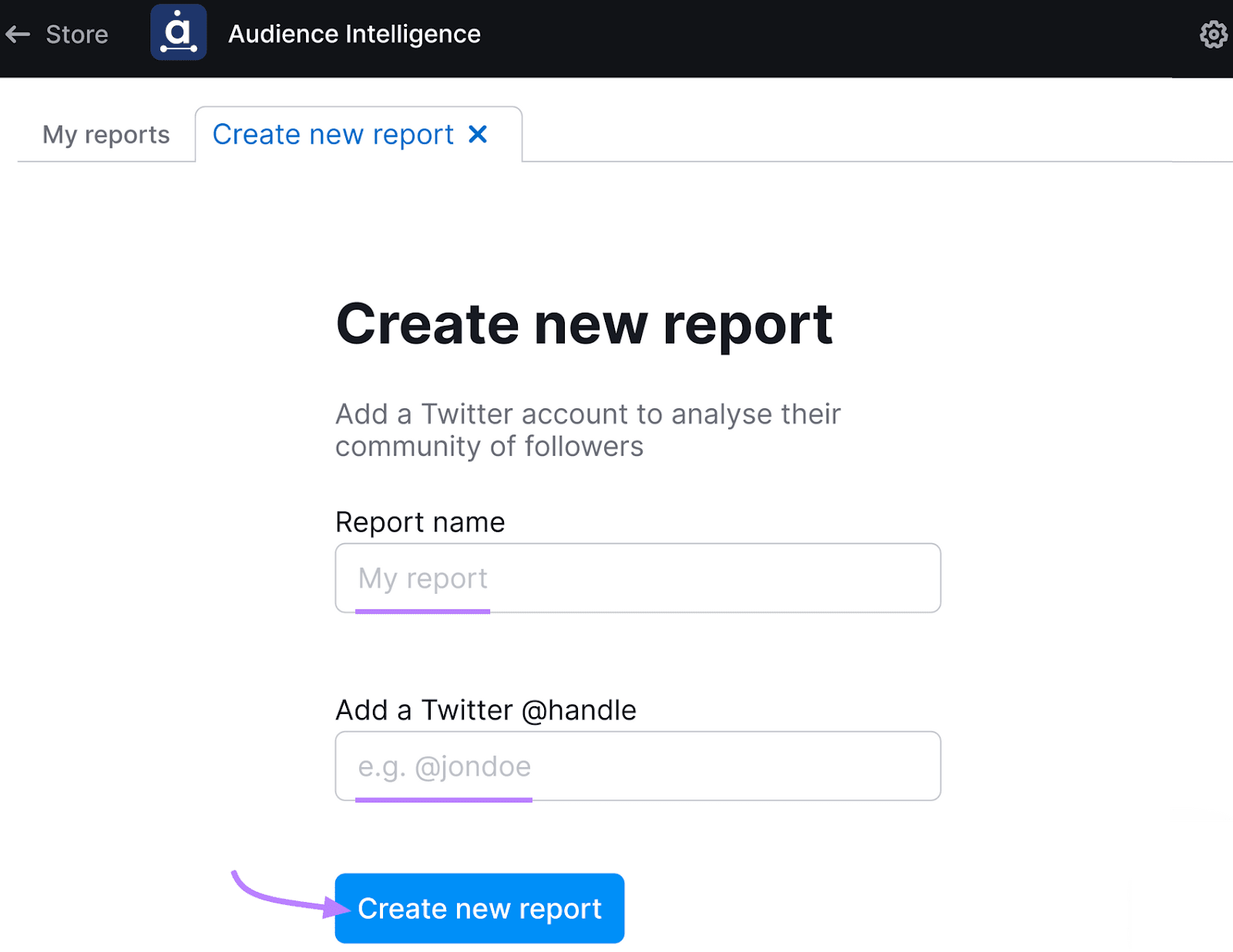 Audience Intelligence interface for creating a new report, with a prominent blue "Create new report" button at the bottom.