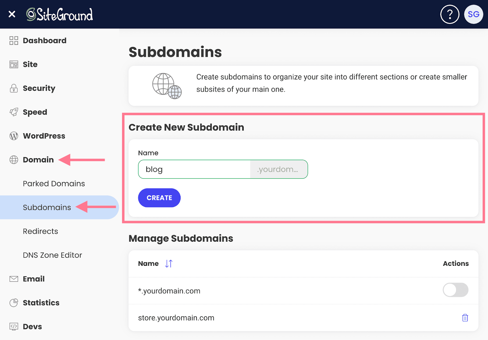 SiteGround สร้างคำแนะนำโดเมนย่อยใหม่