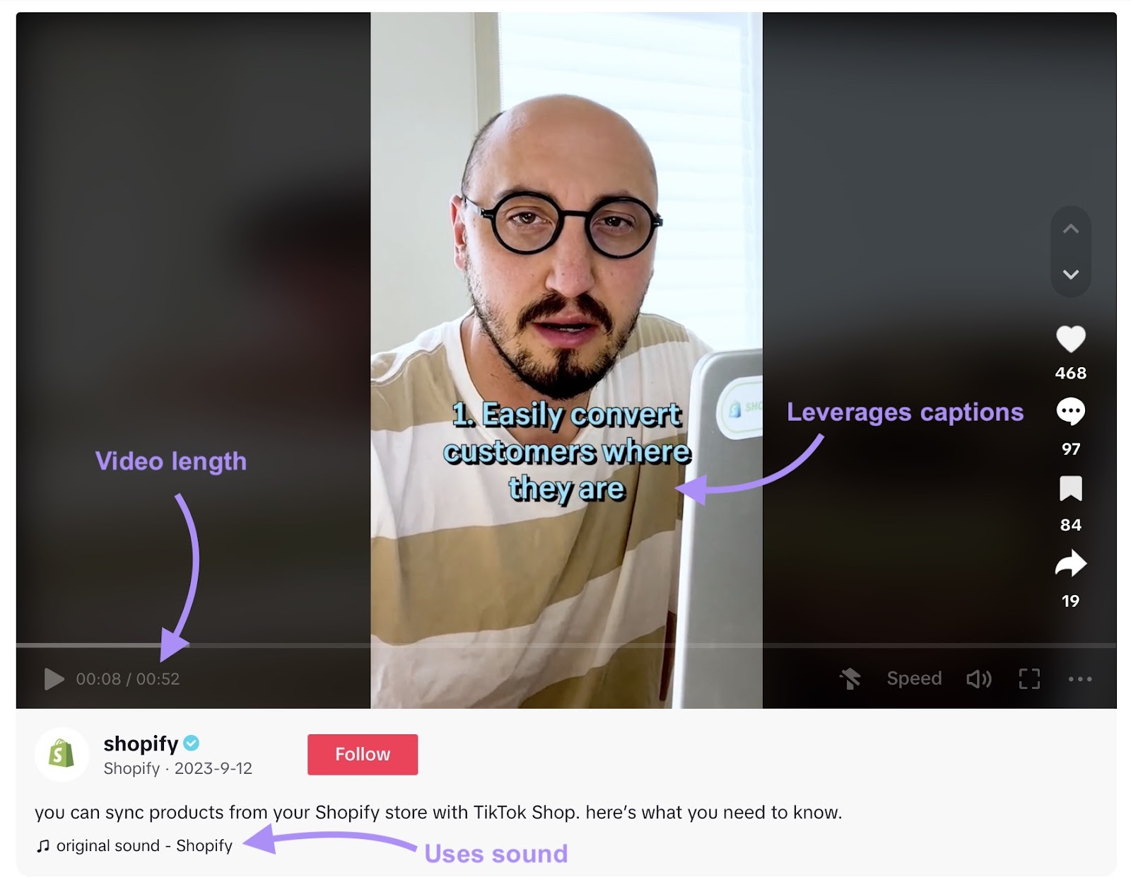 Shopify's video on TikTok with captions, music, and video length elements highlighted