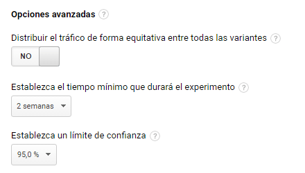 Opciones avanzadas del experimento