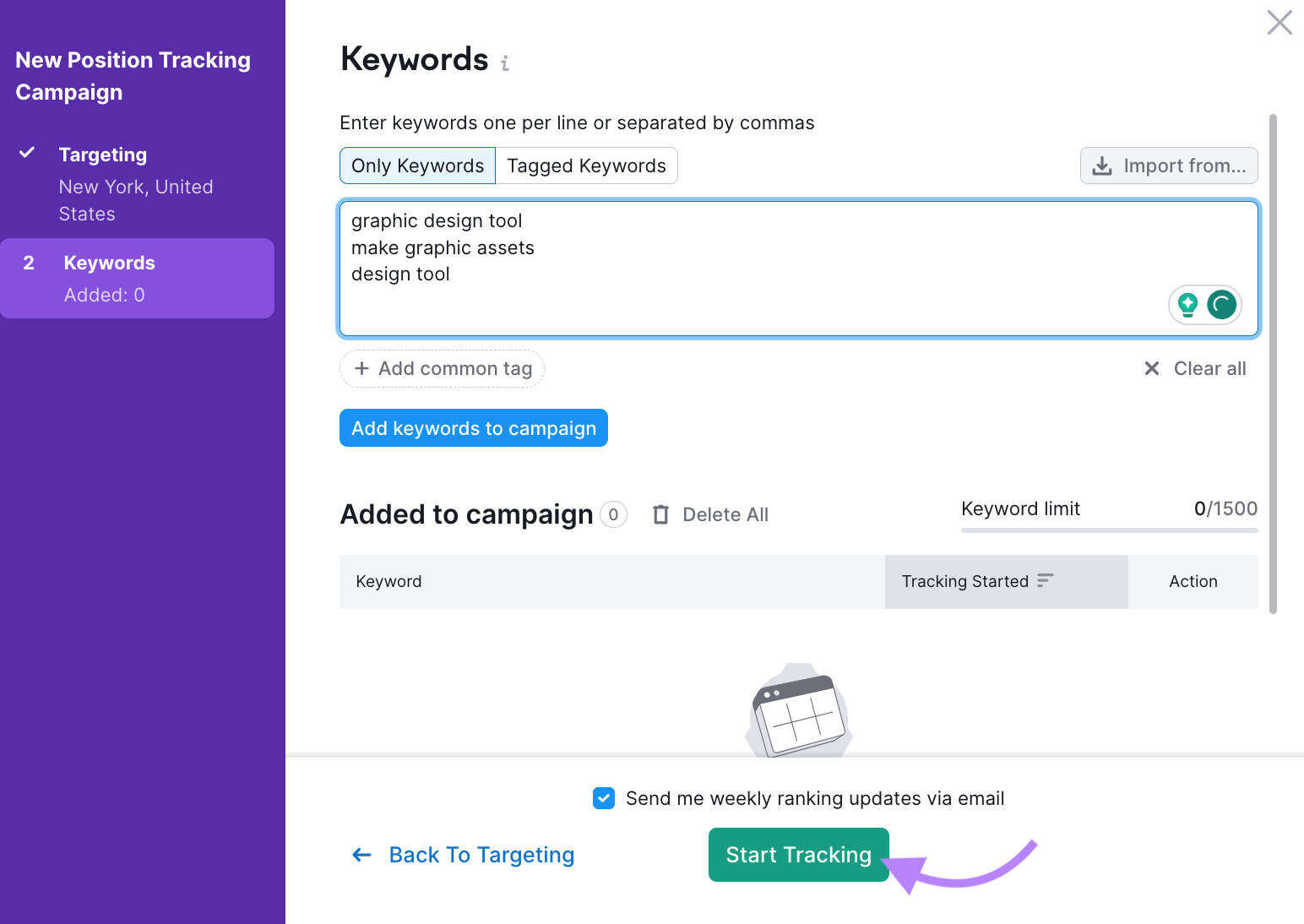 "Keywords" page in Position Tracking tool