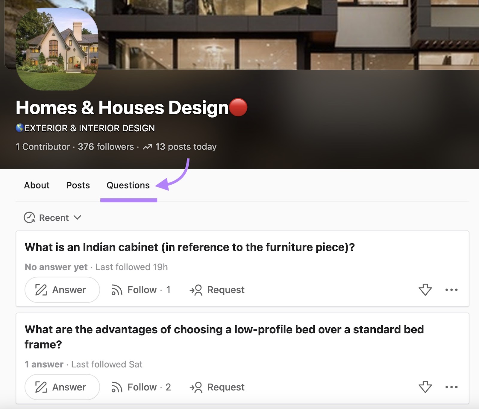 "Questions" tab highlighted under "Homes & Houses Design" space in Quora