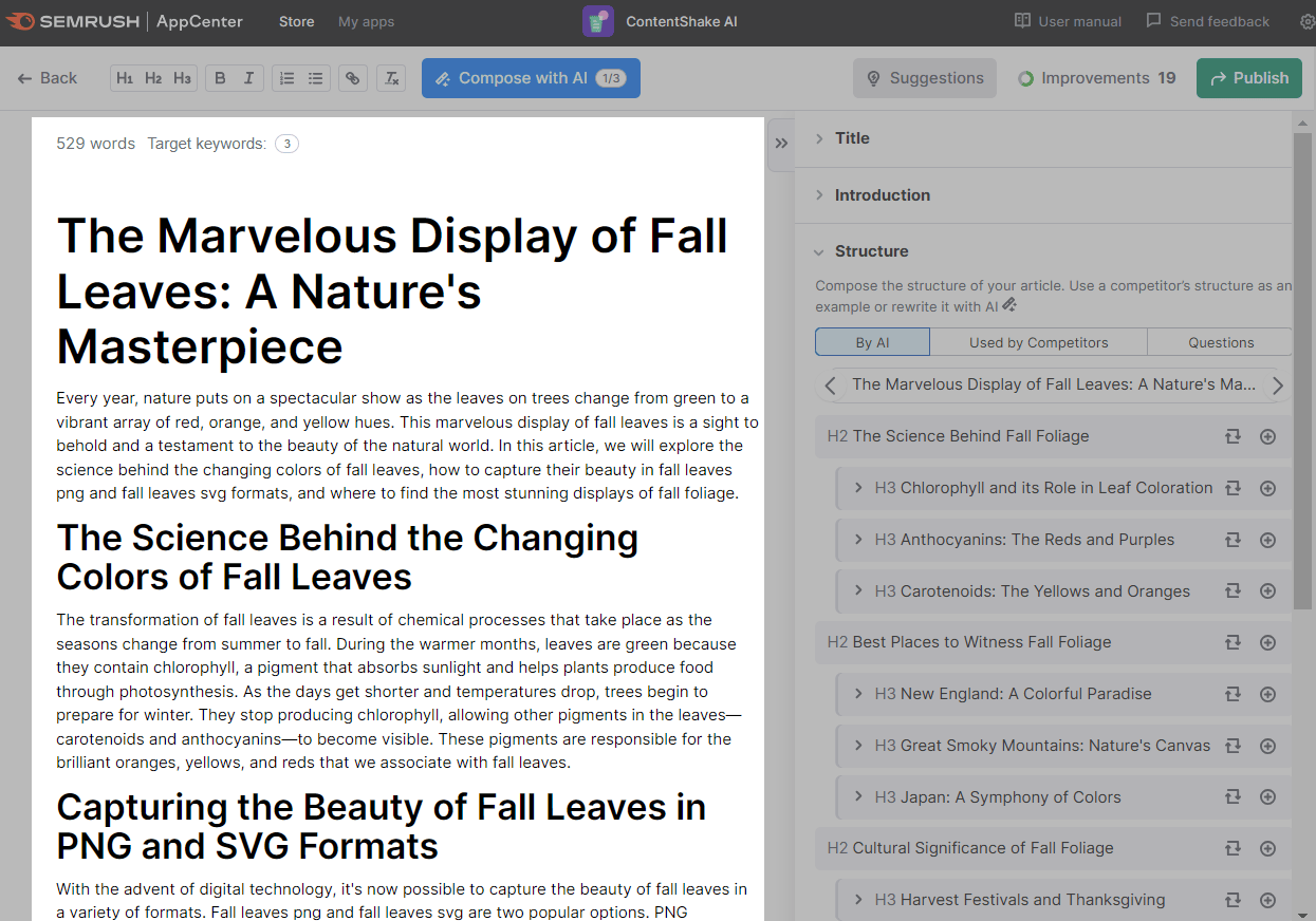 An example of a draft on fall leaves generated by ContentShake AI