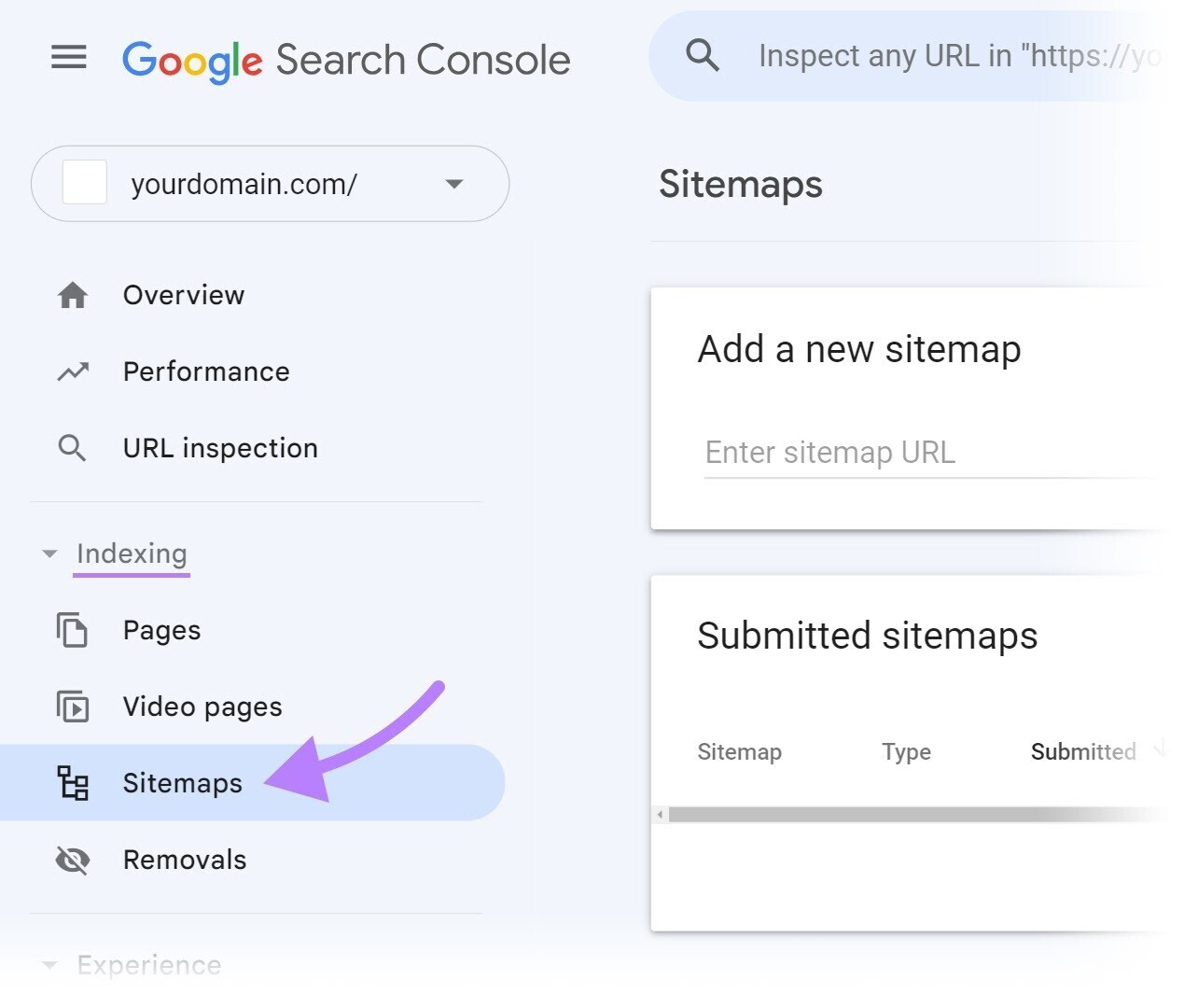 “Sitemaps” button highlighted in GSC's menu