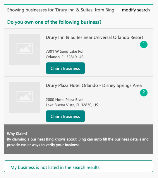 Results for "Drury Inn & Suites" businesses with green "Claim Business" buttons