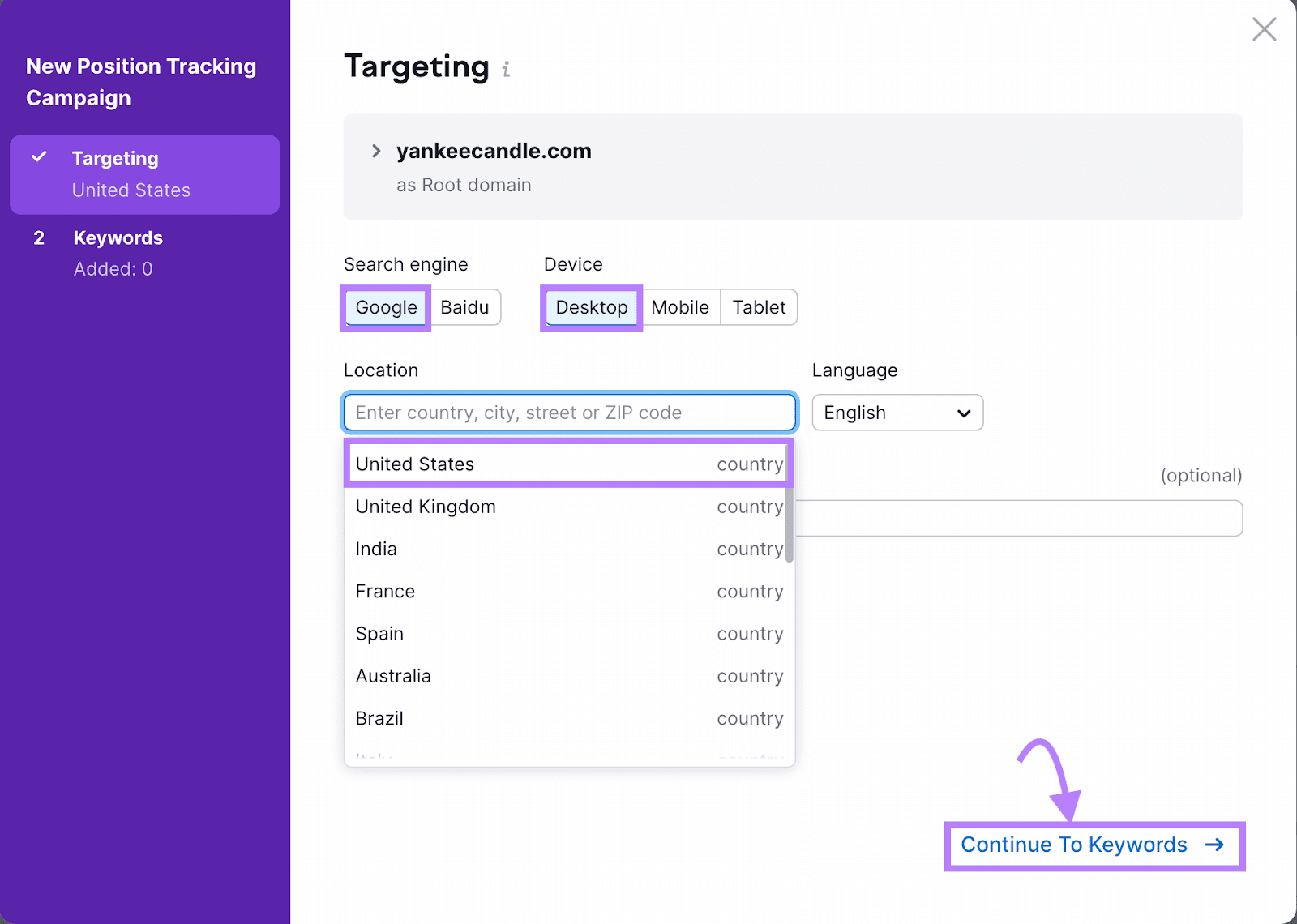 "Targeting" screen of Position Tracking settings