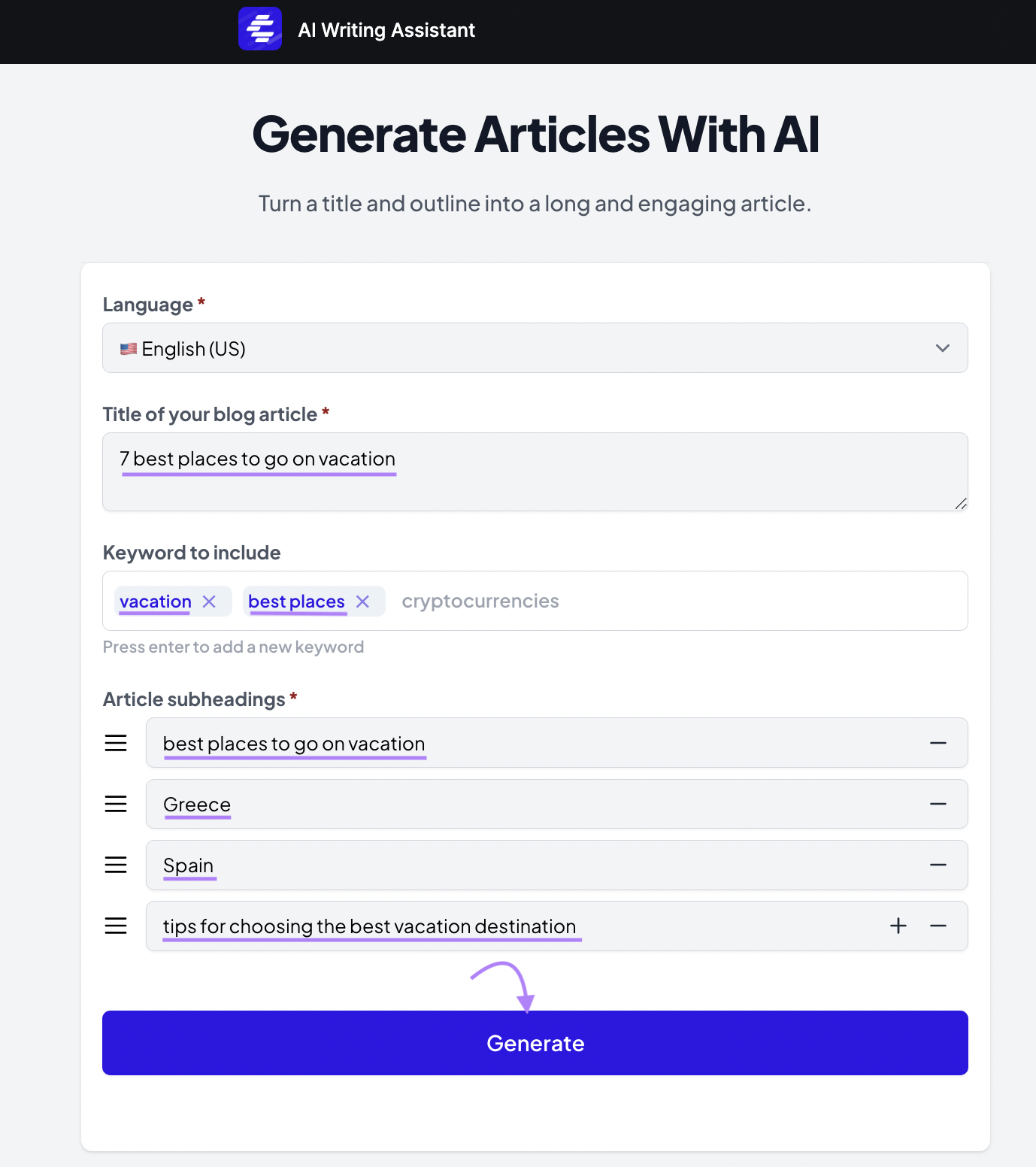 "Generate Articles with AI" configuration page