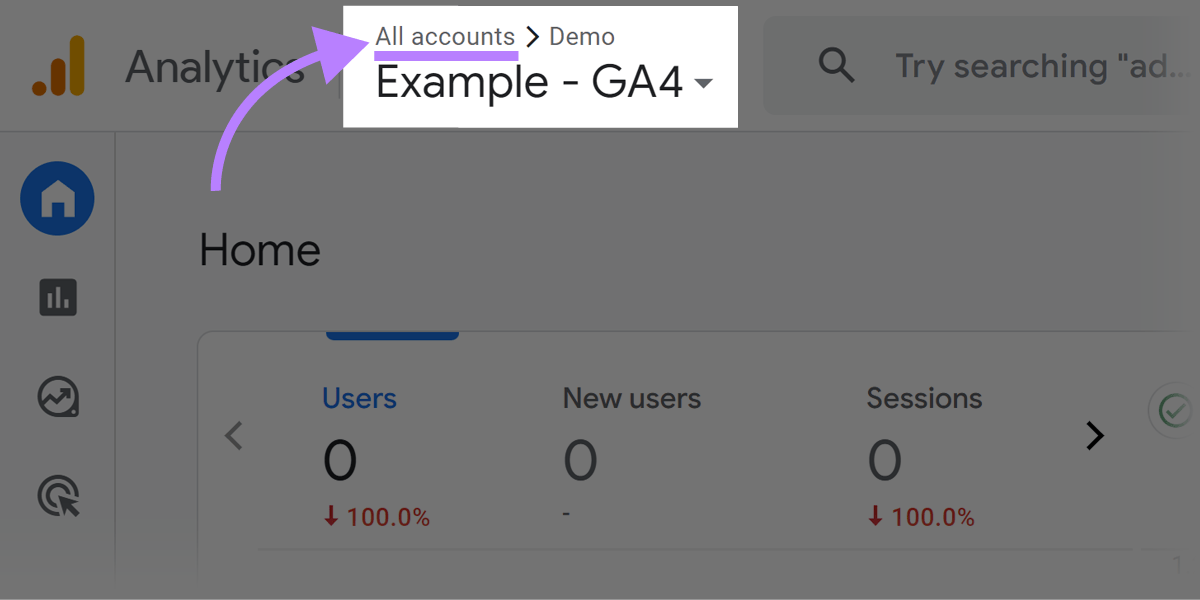 “All accounts” at the top of GA4 dashboard