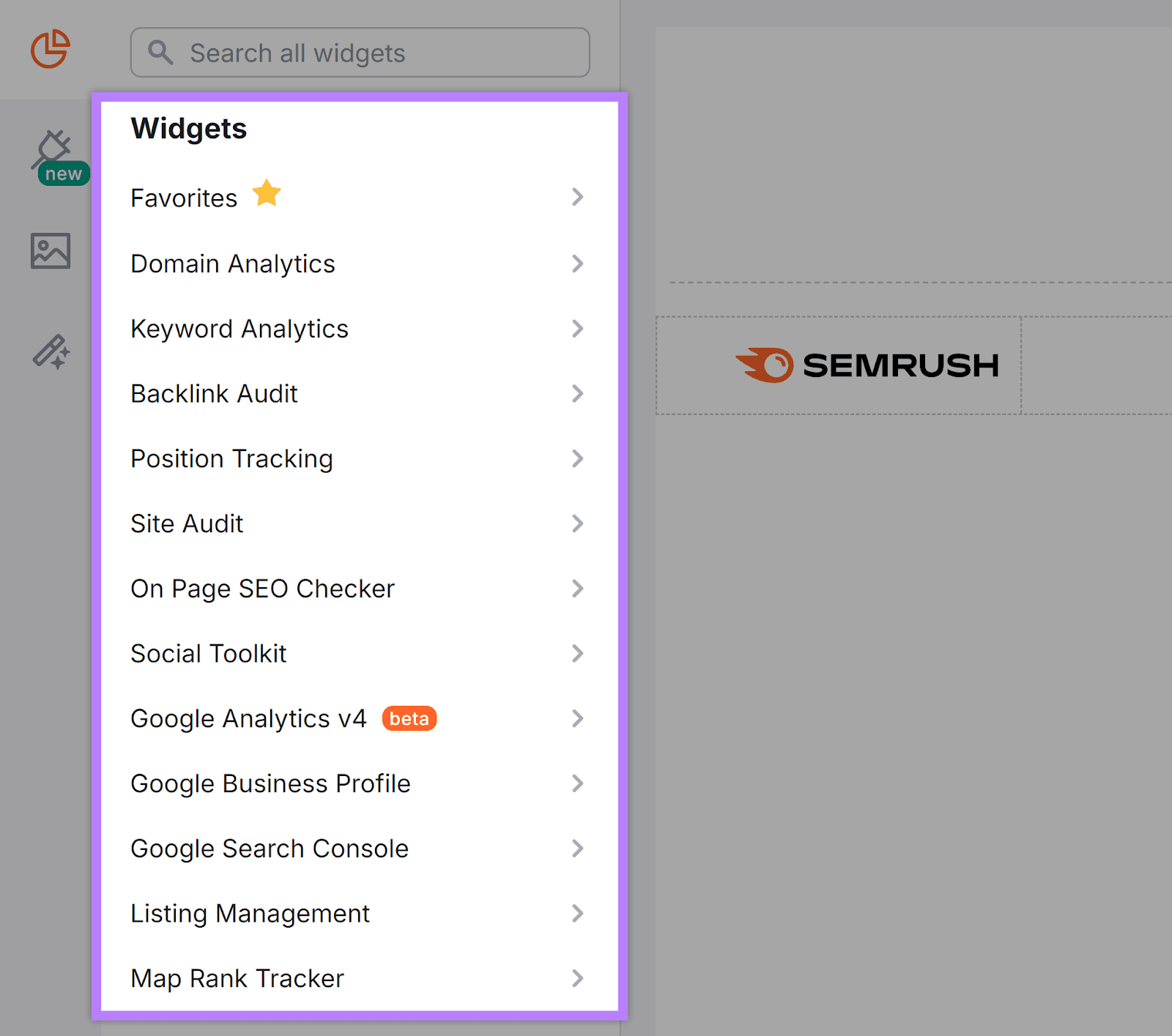 Widgets navigation highlighted in Semrush report editor dashboard