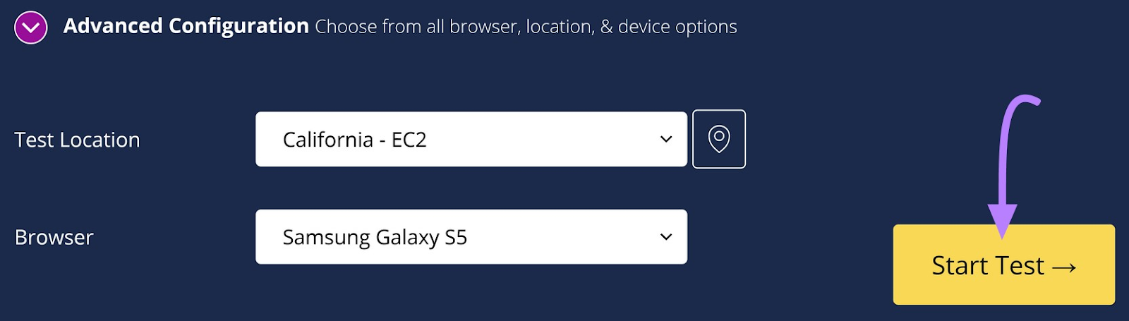 Menú "Configuración avanzada" en WebPageTest