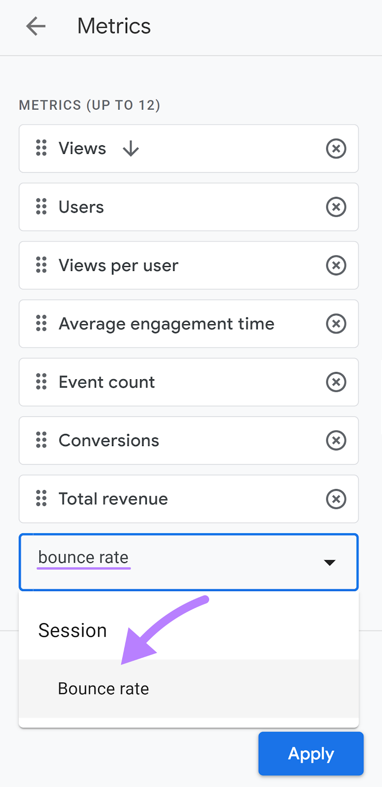 "bounce rate" added under "Add metric" field