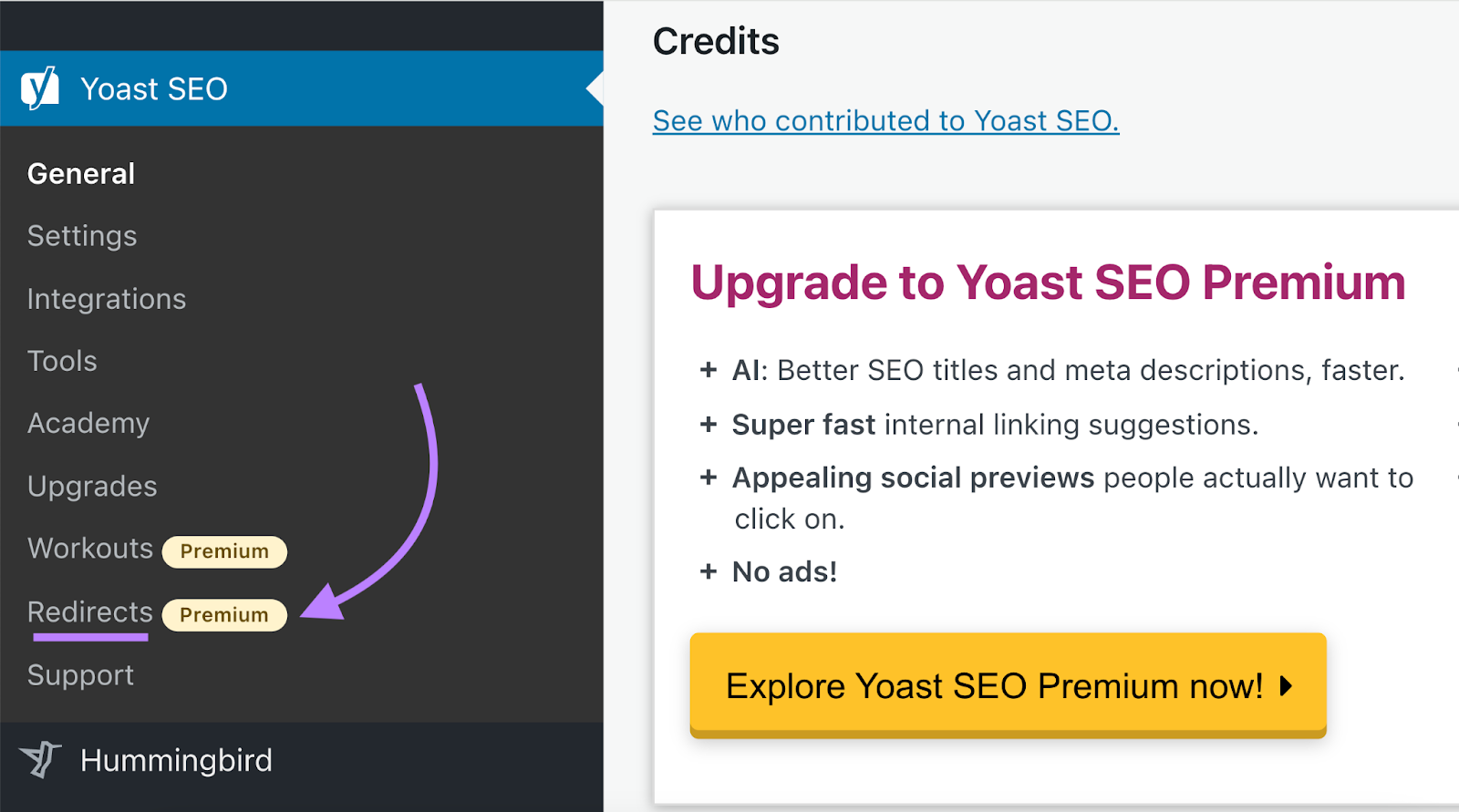 Yoast SEO in WordPress toolbar and Redirects highlighted