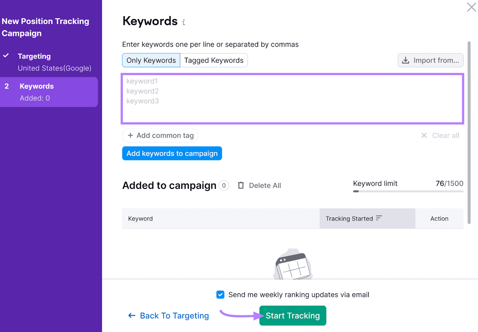 Position Tracking UI for setting up a new campaign with keyword tracking options