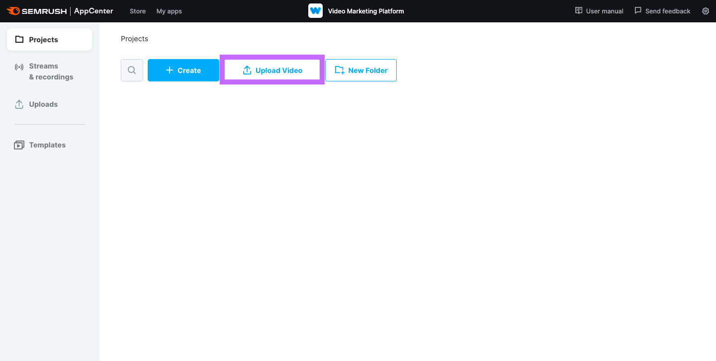 A screenshot of the upload screen in the Video Marketing tool.